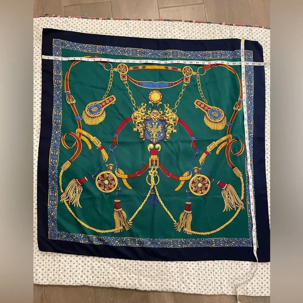 Vintage Elegant Green and Blue Silk Horse Bridle 35”x35” Old Money Scarf